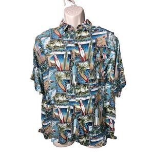 Aloha Hut Hawaii Men's Button Down‎ Shirt All Over Surfboards Palm Trees Medium